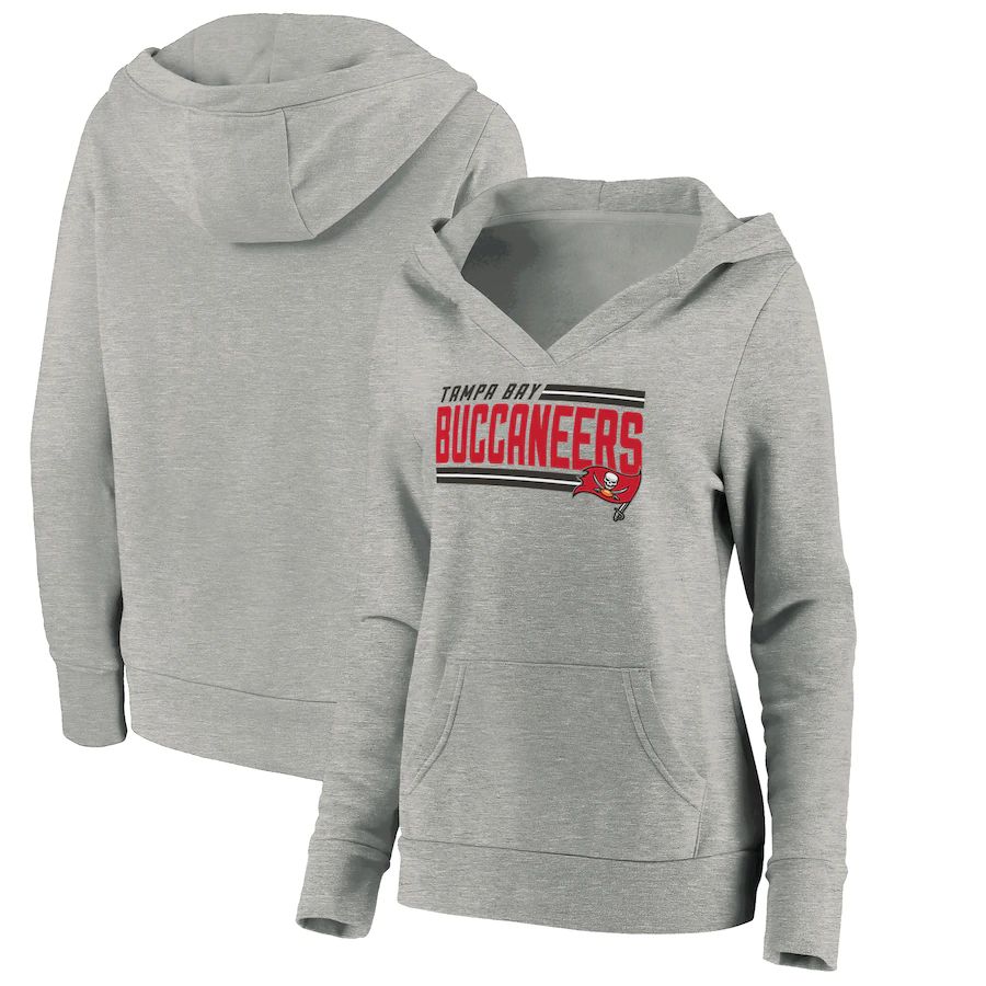 Women Tampa Bay Buccaneers Fanatics Branded Heathered Gray On Side Stripe V-Neck Pullover Hoodie->women nfl jersey->Women Jersey